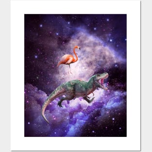 Galaxy Flamingo Riding Dinosaur In Space - Rainbow Posters and Art